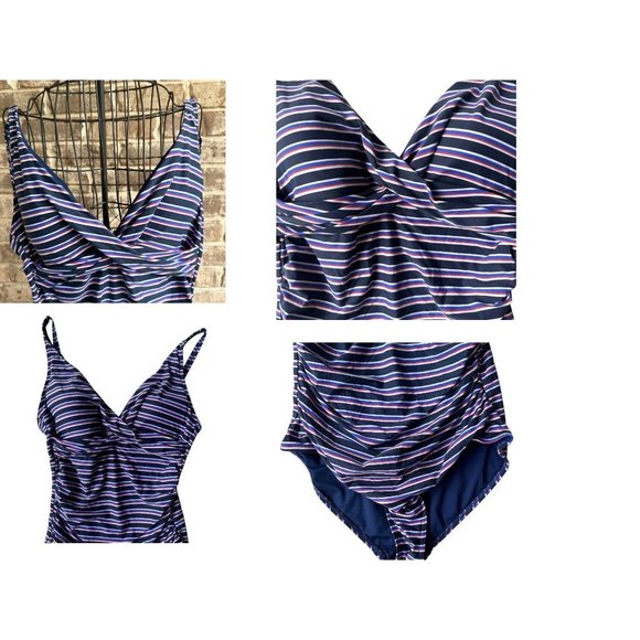 NipTuck Swim Swimsuit Size 8 Sailor Stripe One Piece Navy Red Tummy Cont… - Picture 5 of 12